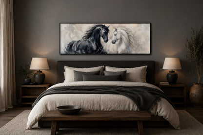 Black White Horses Art - Romantic Equestrian Canvas Print | Long Horizontal Wall Decor