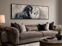 Black White Horses Art - Romantic Equestrian Canvas Print | Long Horizontal Wall Decor