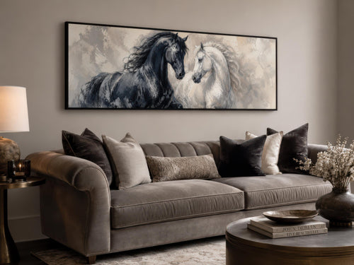 Black White Horses Art - Romantic Equestrian Canvas Print | Long Horizontal Wall Decor