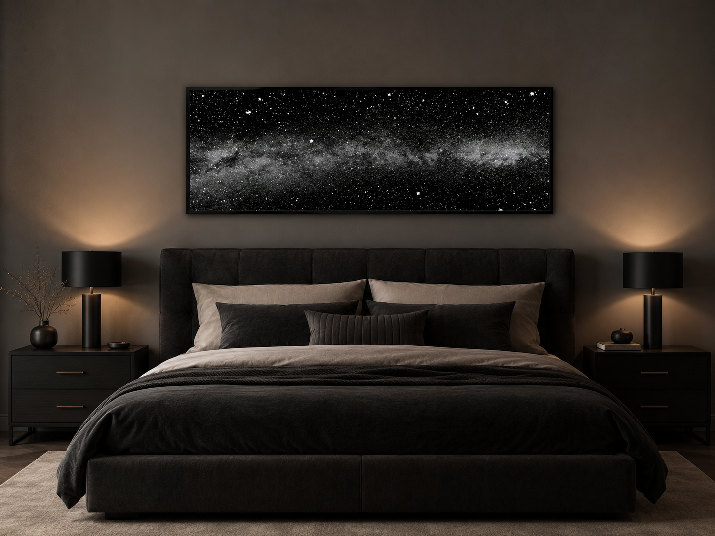 Black White Night Sky Art - Framed Mens Bedroom Celestial Wall Decor Canvas Wall Art