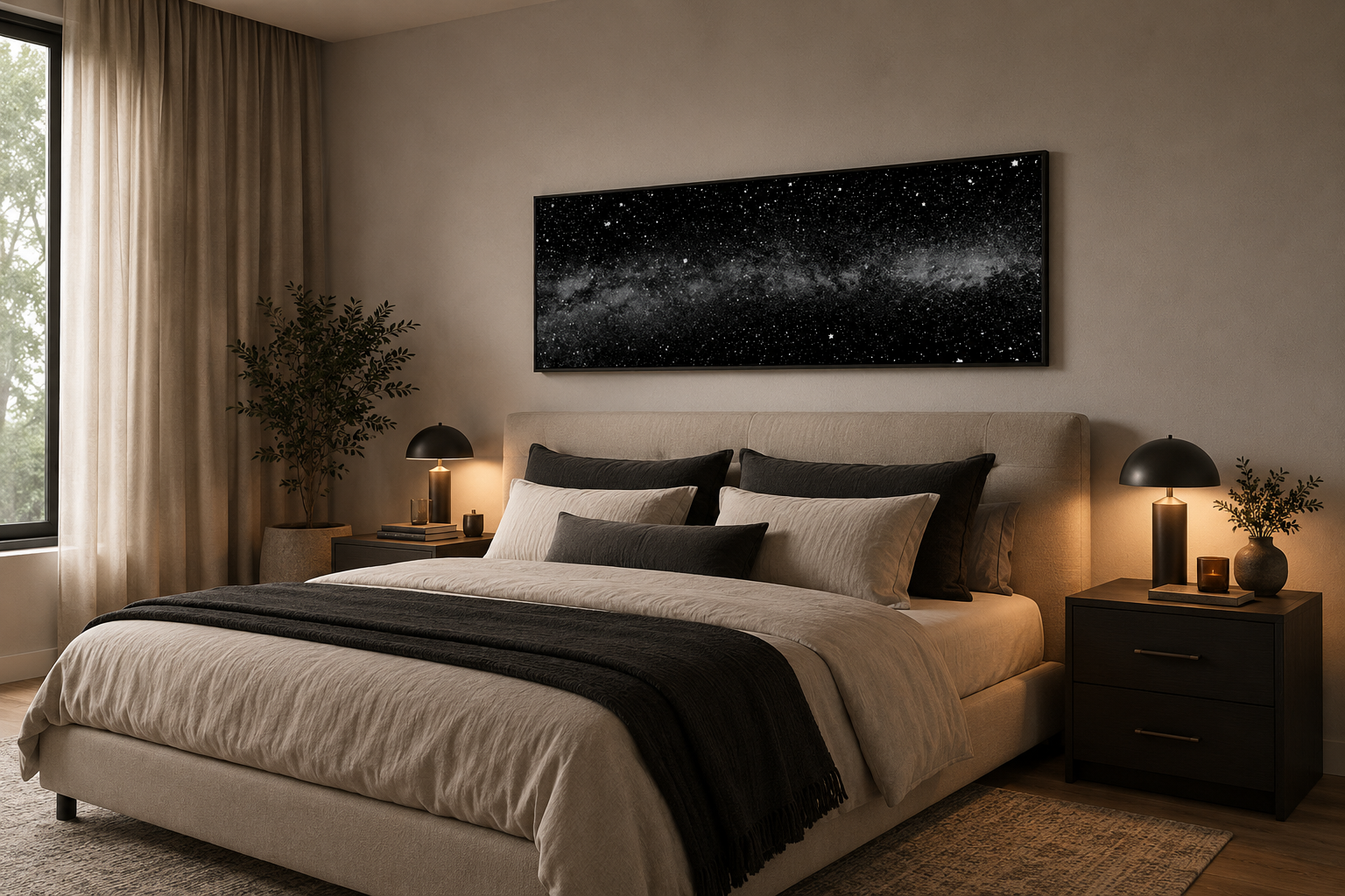 Black White Night Sky Art - Framed Mens Bedroom Celestial Wall Decor Canvas Wall Art