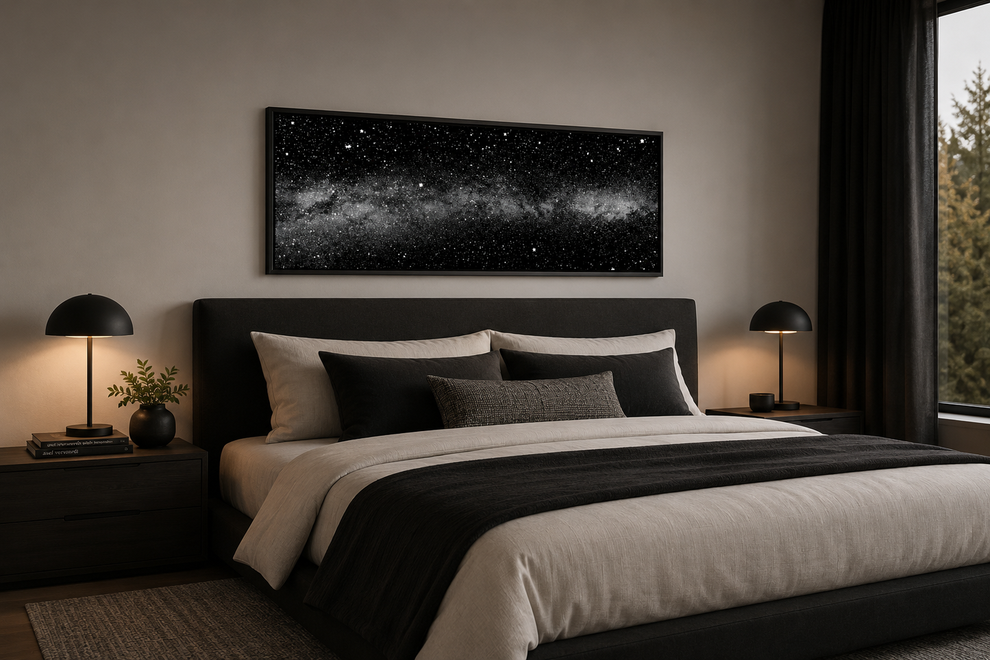 Black White Night Sky Art - Framed Mens Bedroom Celestial Wall Decor Canvas Wall Art