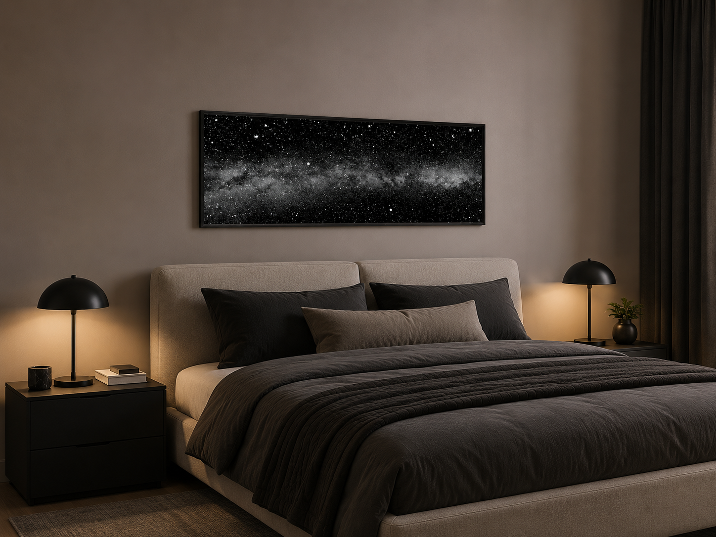 Black White Night Sky Art - Framed Mens Bedroom Celestial Wall Decor Canvas Wall Art