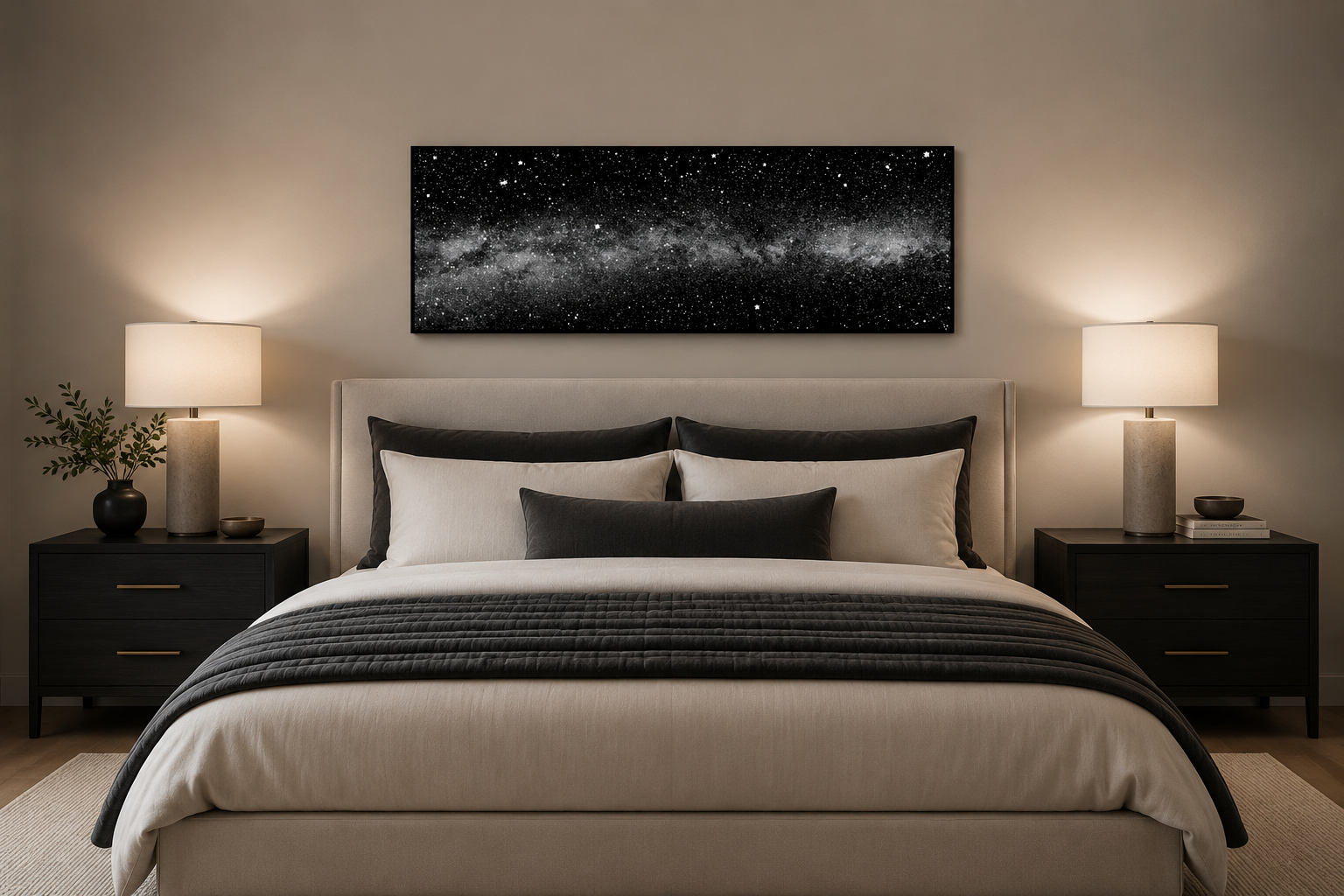 Black White Night Sky Art - Framed Mens Bedroom Celestial Wall Decor Canvas Wall Art