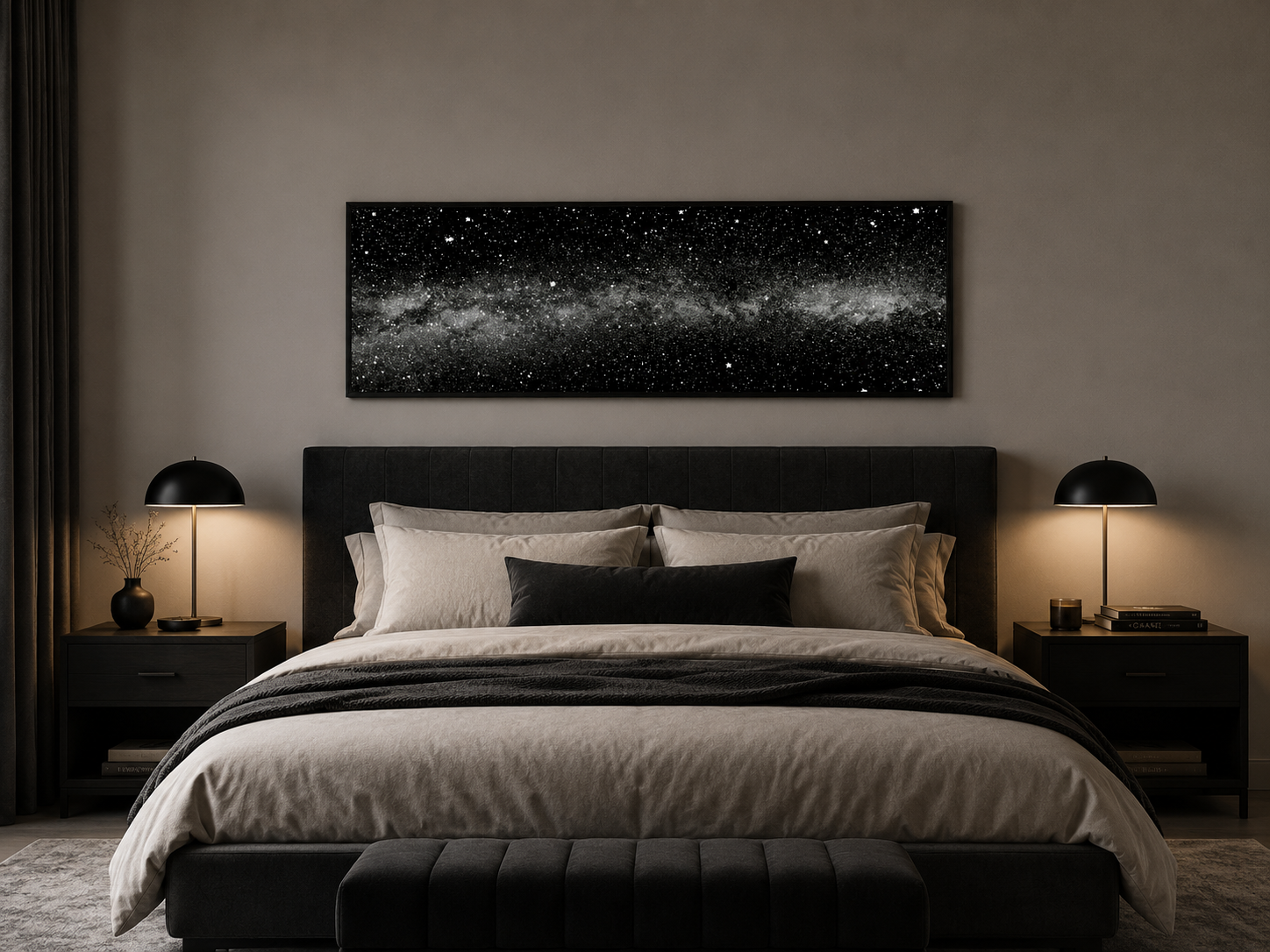 Black White Night Sky Art - Framed Mens Bedroom Celestial Wall Decor Canvas Wall Art