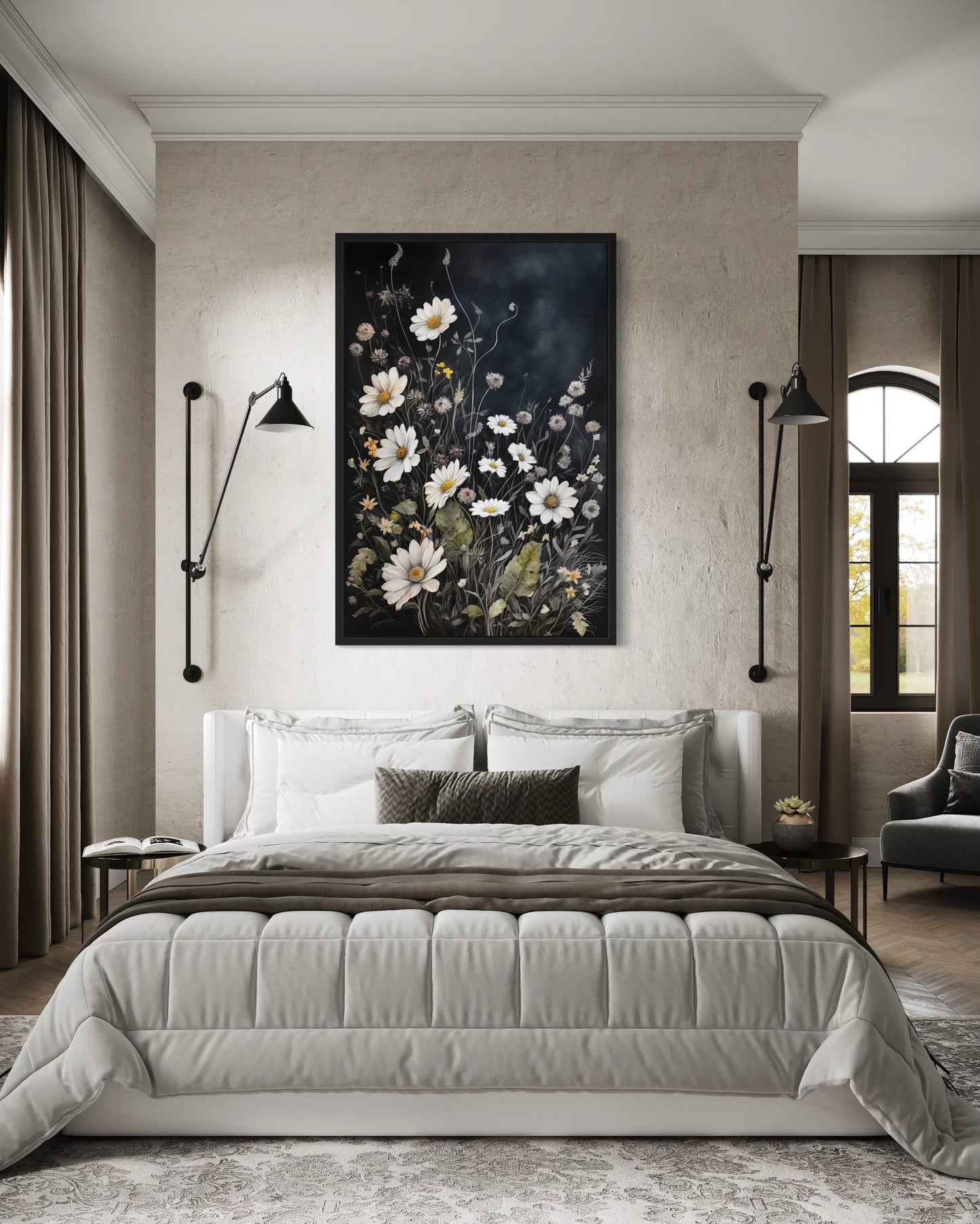 Black White Wildflowers Chamomiles Framed Canvas Wall Art