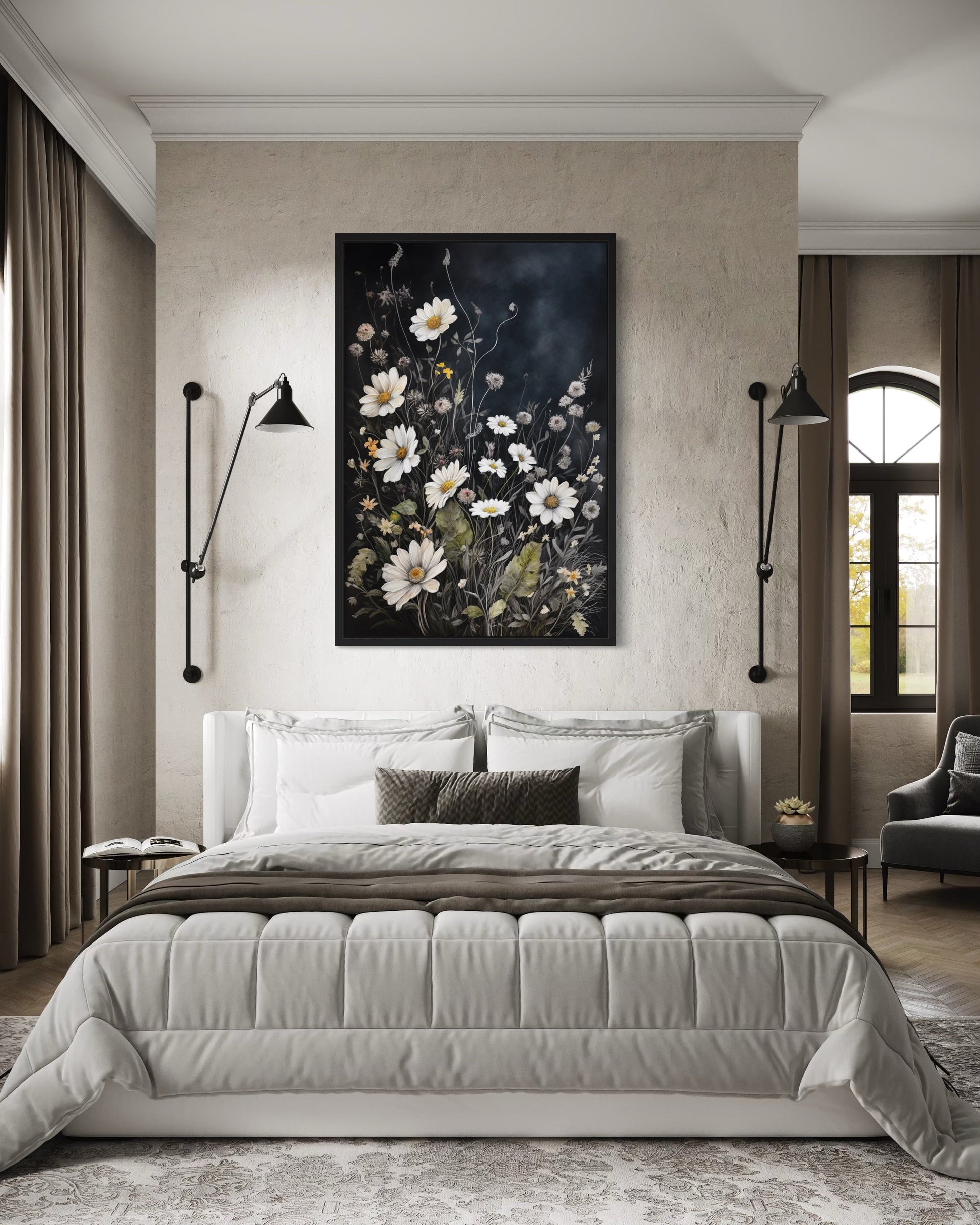 Black White Wildflowers Chamomiles Framed Canvas Wall Art