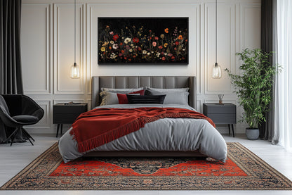 Black Wildflowers Wall Art - Framed Canvas Night Field Painting for Elegant Living Room