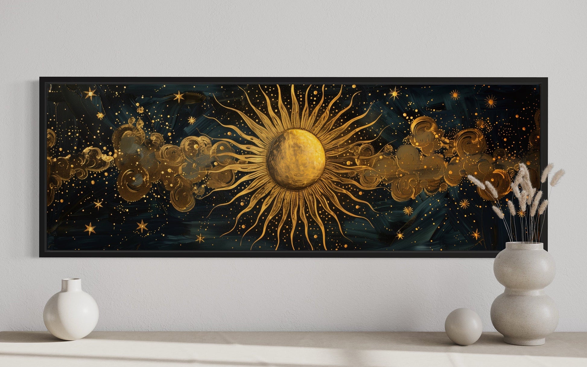Black and Gold Sun Long Narrow Horizontal Framed Canvas Wall Art Above Bed Art