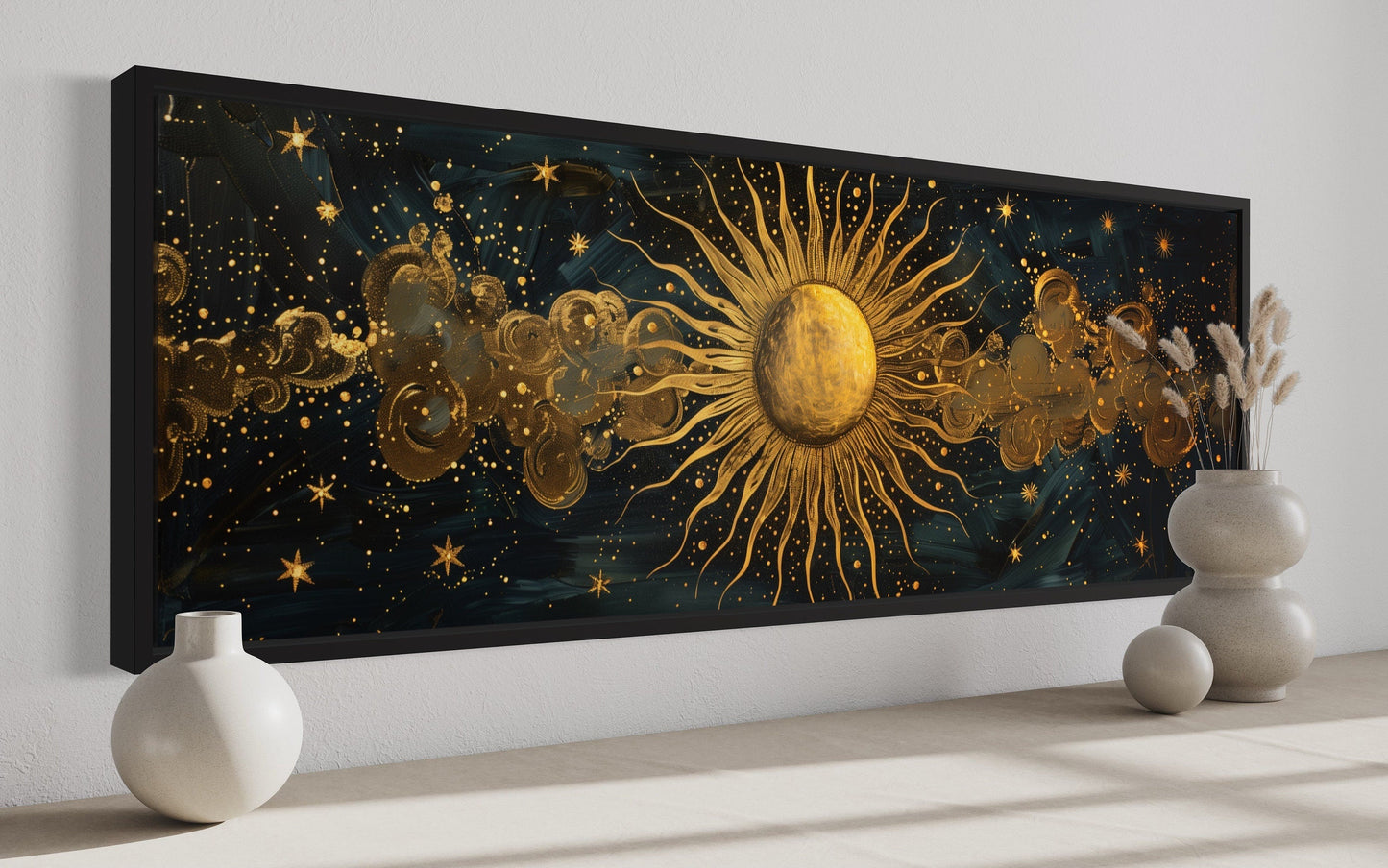 Black and Gold Sun Long Narrow Horizontal Framed Canvas Wall Art Above Bed Art