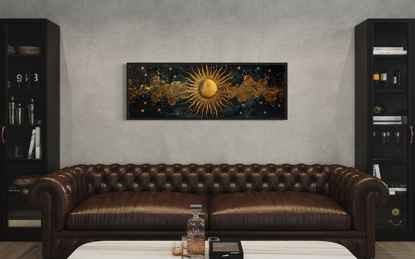 Black and Gold Sun Long Narrow Horizontal Framed Canvas Wall Art Above Bed Art