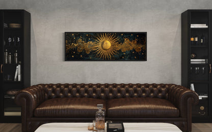 Black and Gold Sun Long Narrow Horizontal Framed Canvas Wall Art Above Bed Art