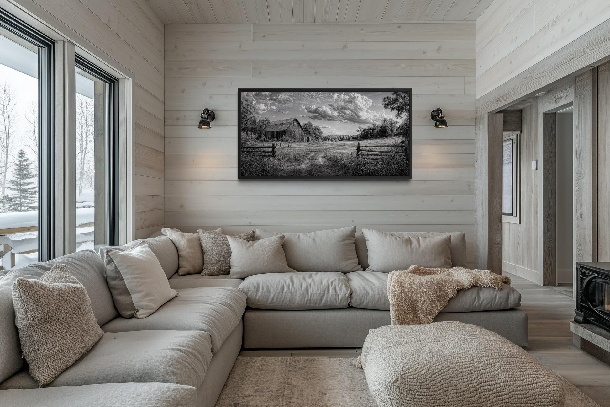 Black and White Barn Landscape Rustic Farmhouse Canvas Wall Art