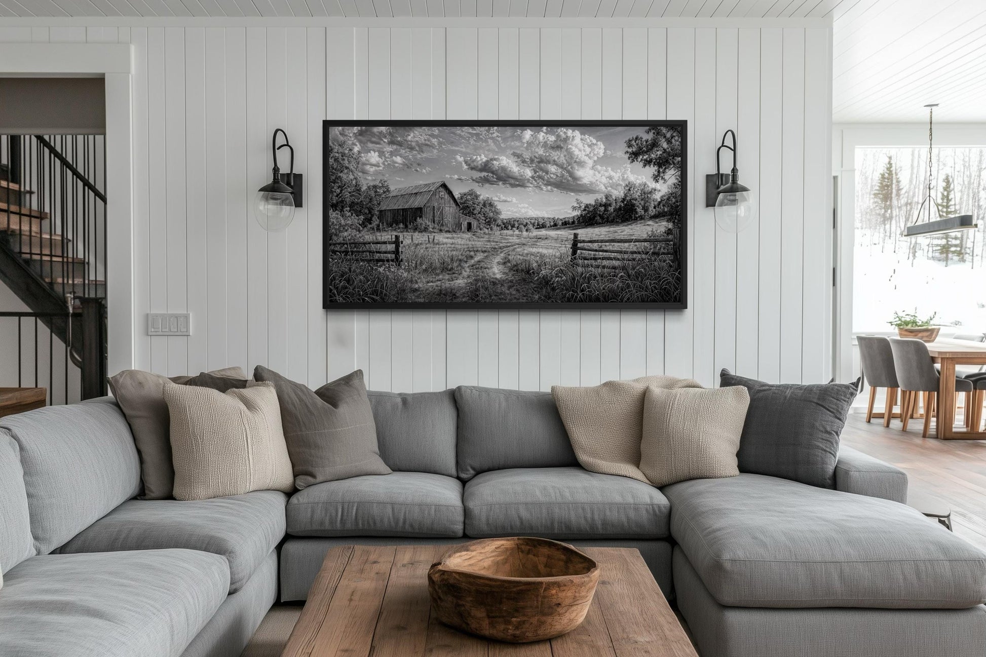 Black and White Barn Landscape Rustic Farmhouse Canvas Wall Art