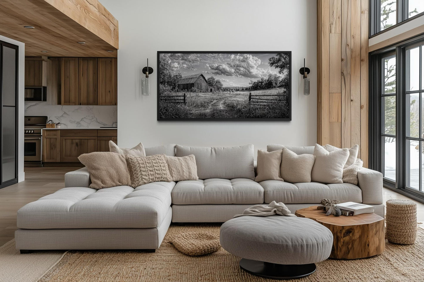 Black and White Barn Landscape Rustic Farmhouse Canvas Wall Art