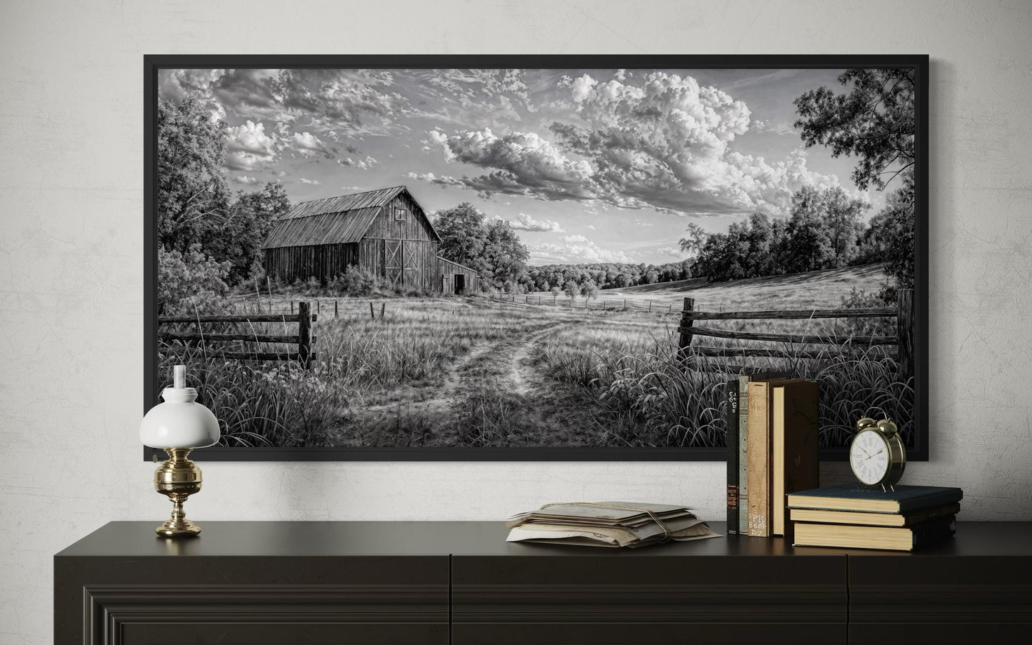 Black and White Barn Landscape Rustic Farmhouse Canvas Wall Art