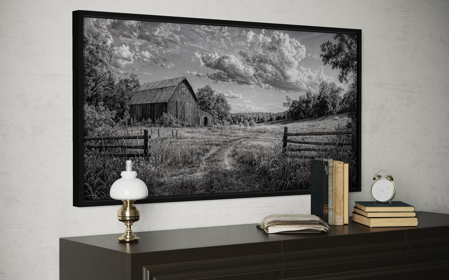 Black and White Barn Landscape Rustic Farmhouse Canvas Wall Art