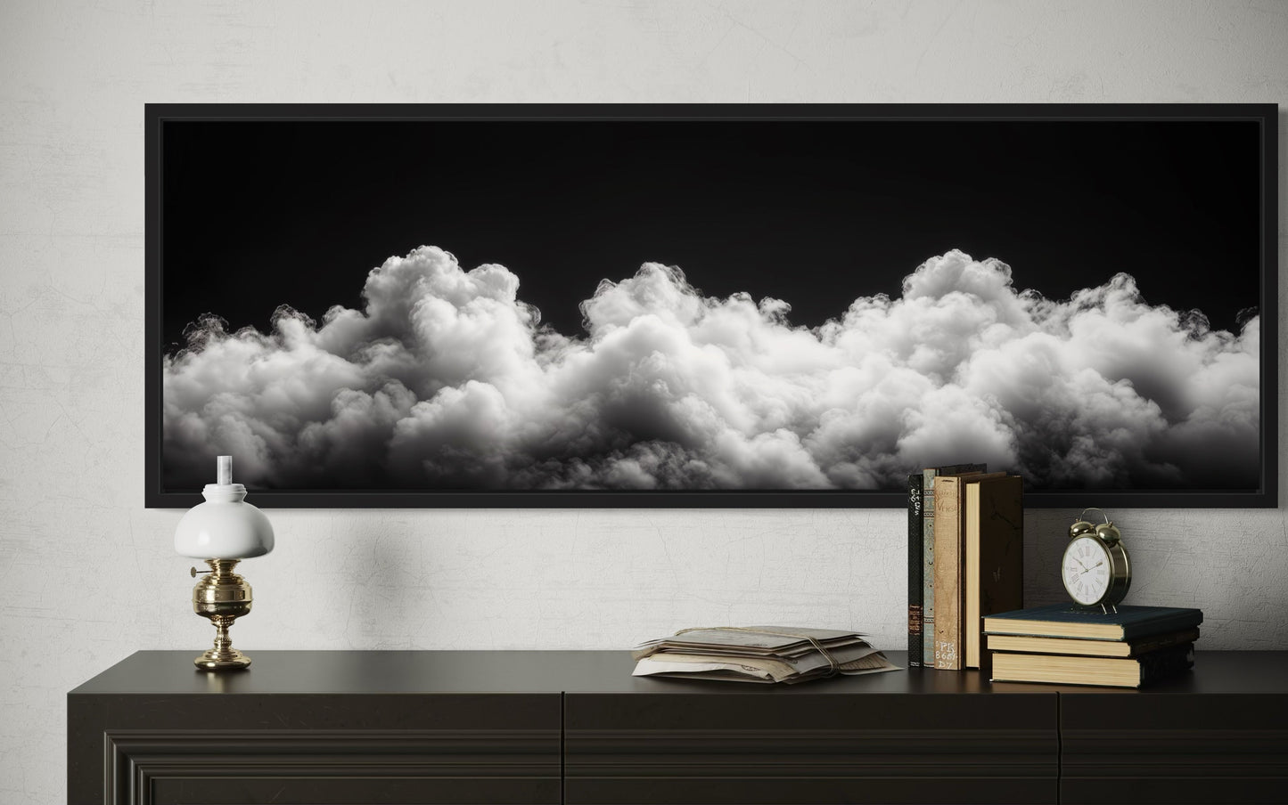 Black and White Clouds Long Horizontal Framed Canvas Wall Art For Bedroom