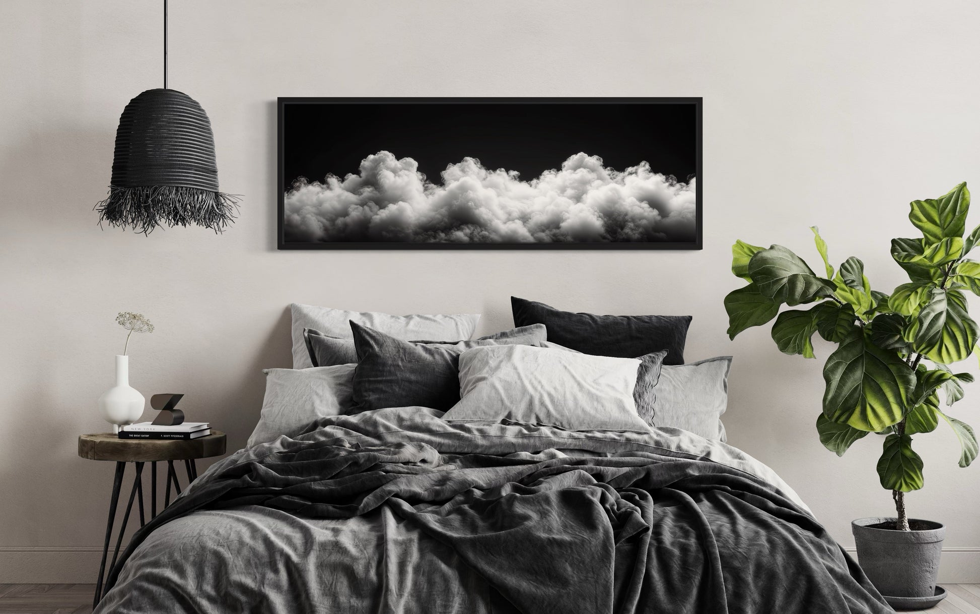 Black and White Clouds Long Horizontal Framed Canvas Wall Art For Bedroom