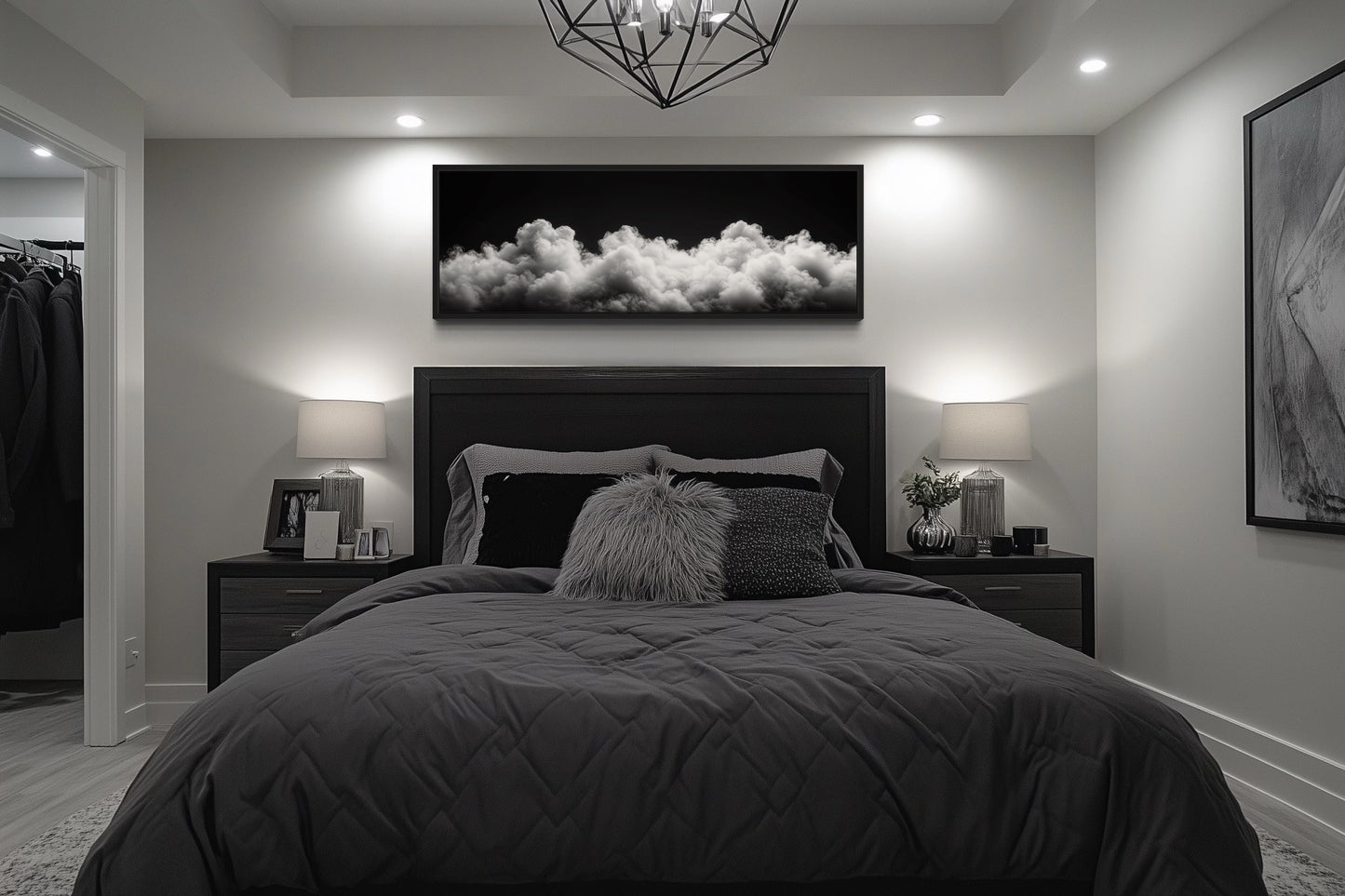 Black and White Clouds Long Horizontal Framed Canvas Wall Art For Bedroom