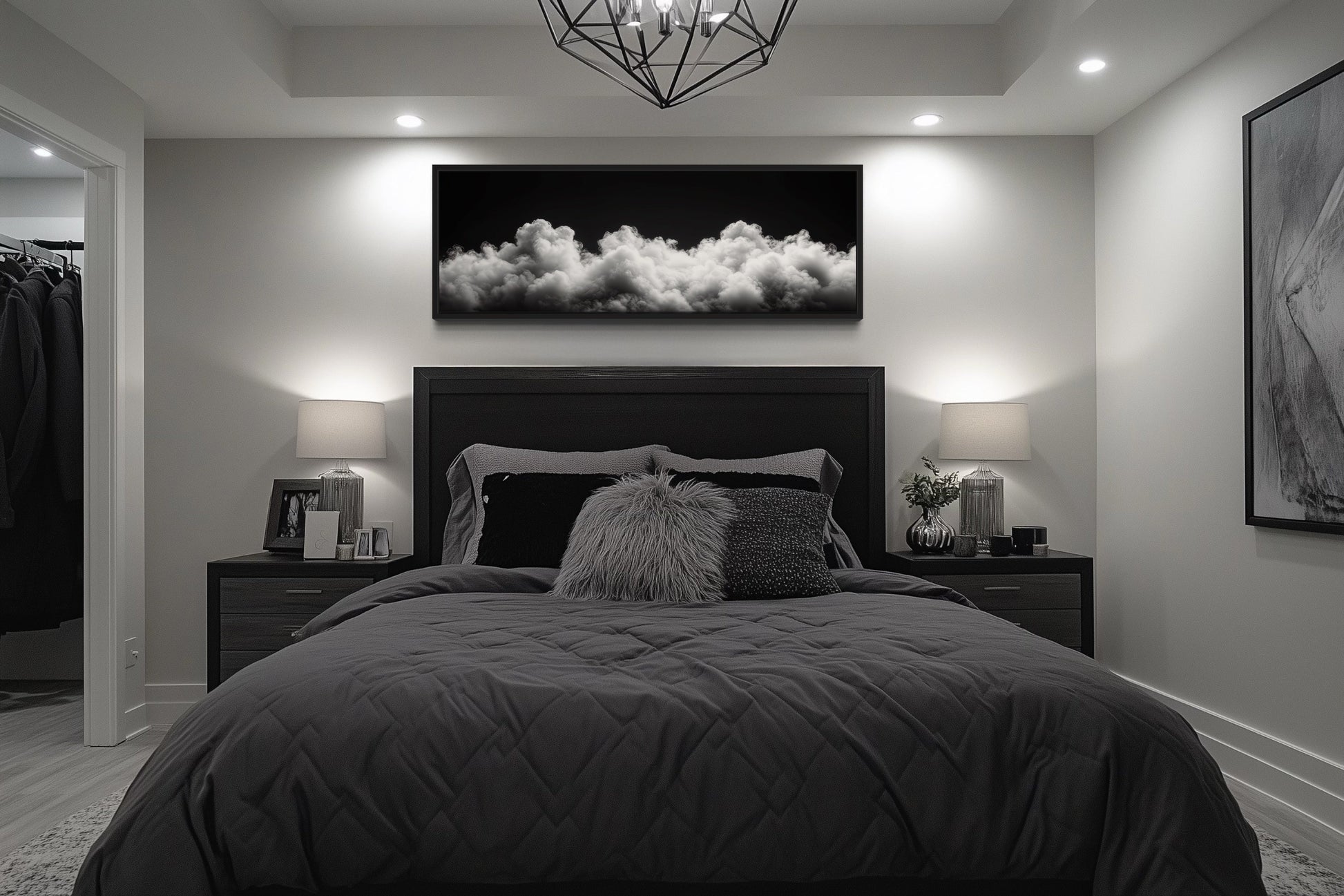 Black and White Clouds Long Horizontal Framed Canvas Wall Art For Bedroom