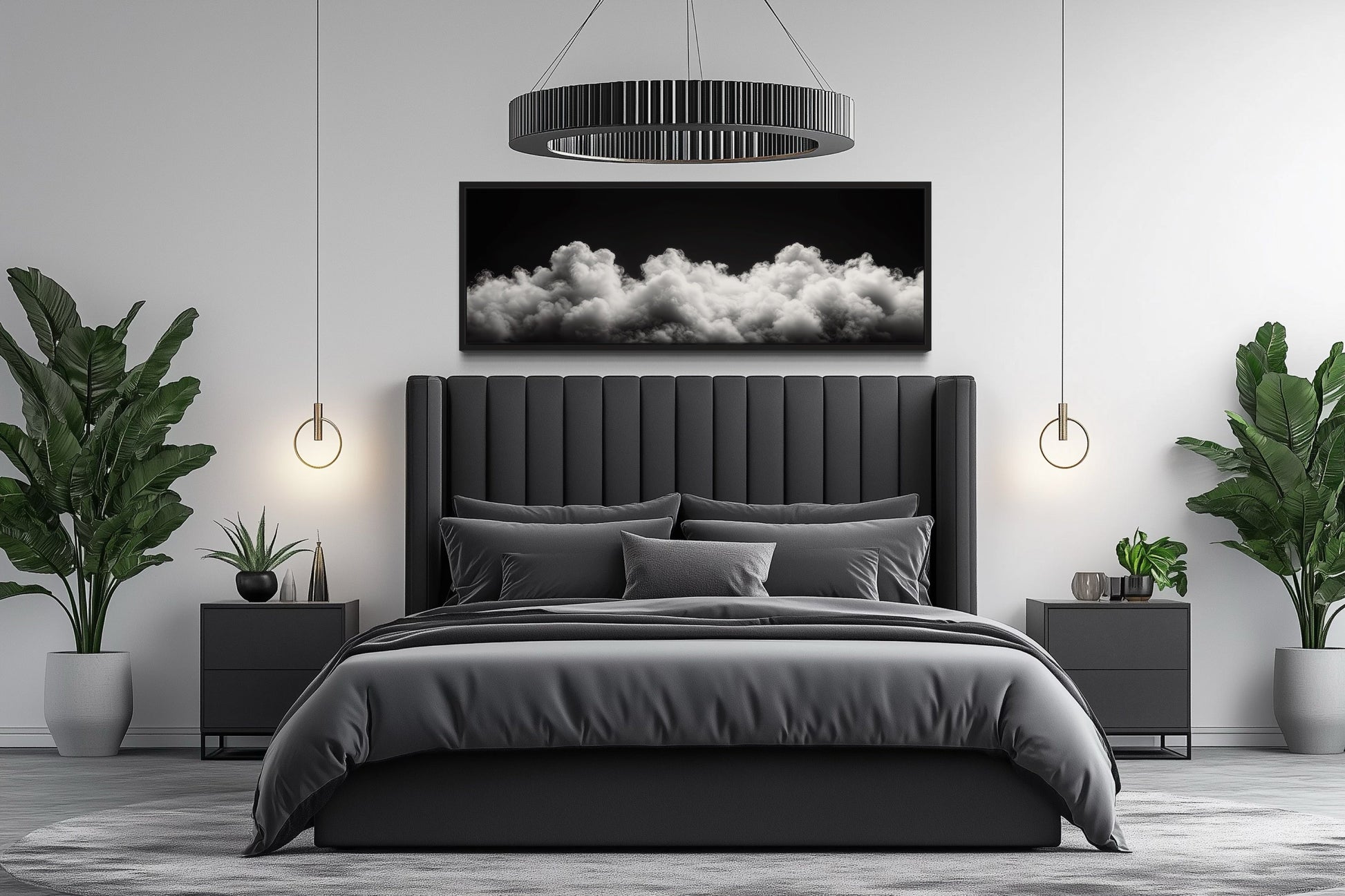 Black and White Clouds Long Horizontal Framed Canvas Wall Art For Bedroom