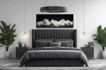 Black and White Clouds Long Horizontal Framed Canvas Wall Art For Bedroom