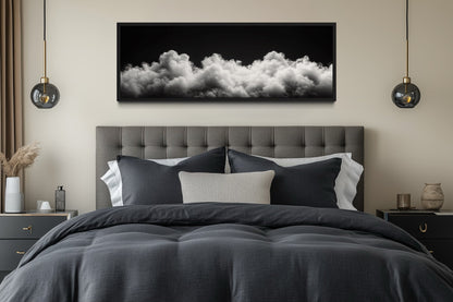 Black and White Clouds Long Horizontal Framed Canvas Wall Art For Bedroom