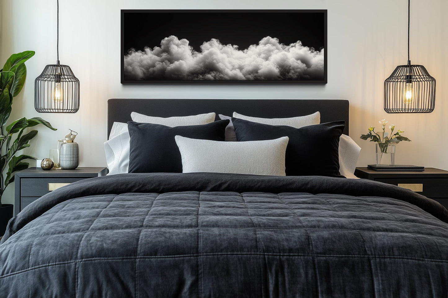 Black and White Clouds Long Horizontal Framed Canvas Wall Art For Bedroom