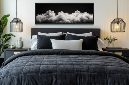 Black and White Clouds Long Horizontal Framed Canvas Wall Art For Bedroom