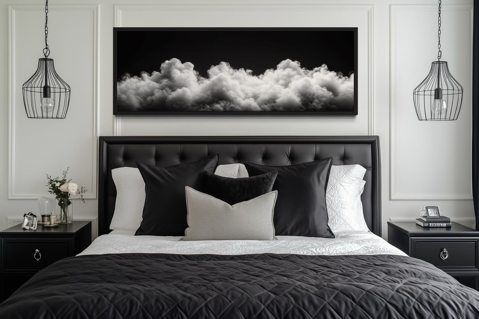 Black and White Clouds Long Horizontal Framed Canvas Wall Art For Bedroom