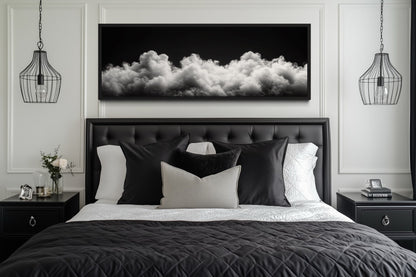 Black and White Clouds Long Horizontal Framed Canvas Wall Art For Bedroom