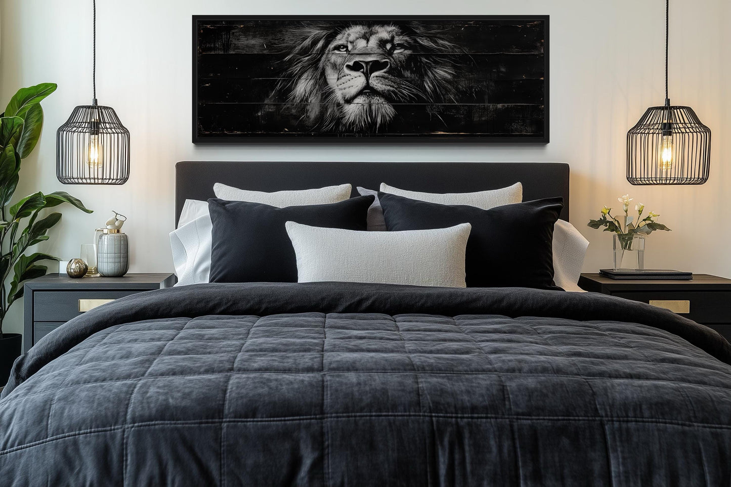 Black and White Lion Long Horizontal Canvas Wall Art For Men