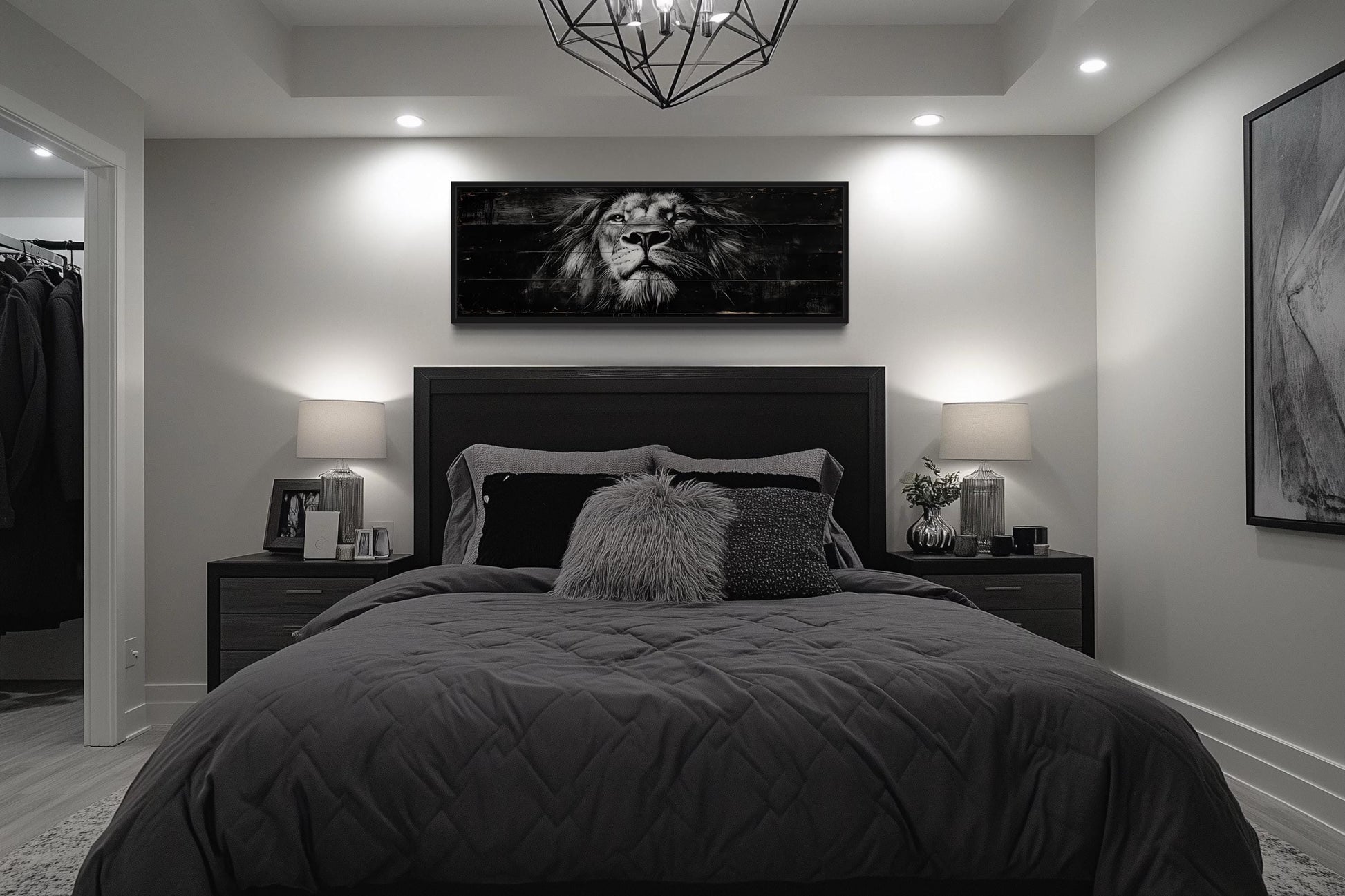 Black and White Lion Long Horizontal Canvas Wall Art For Men