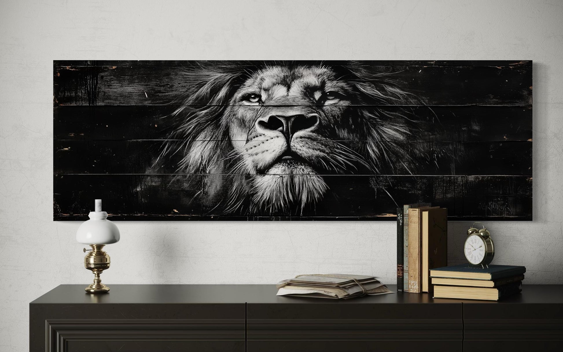 Black and White Lion Long Horizontal Canvas Wall Art For Men