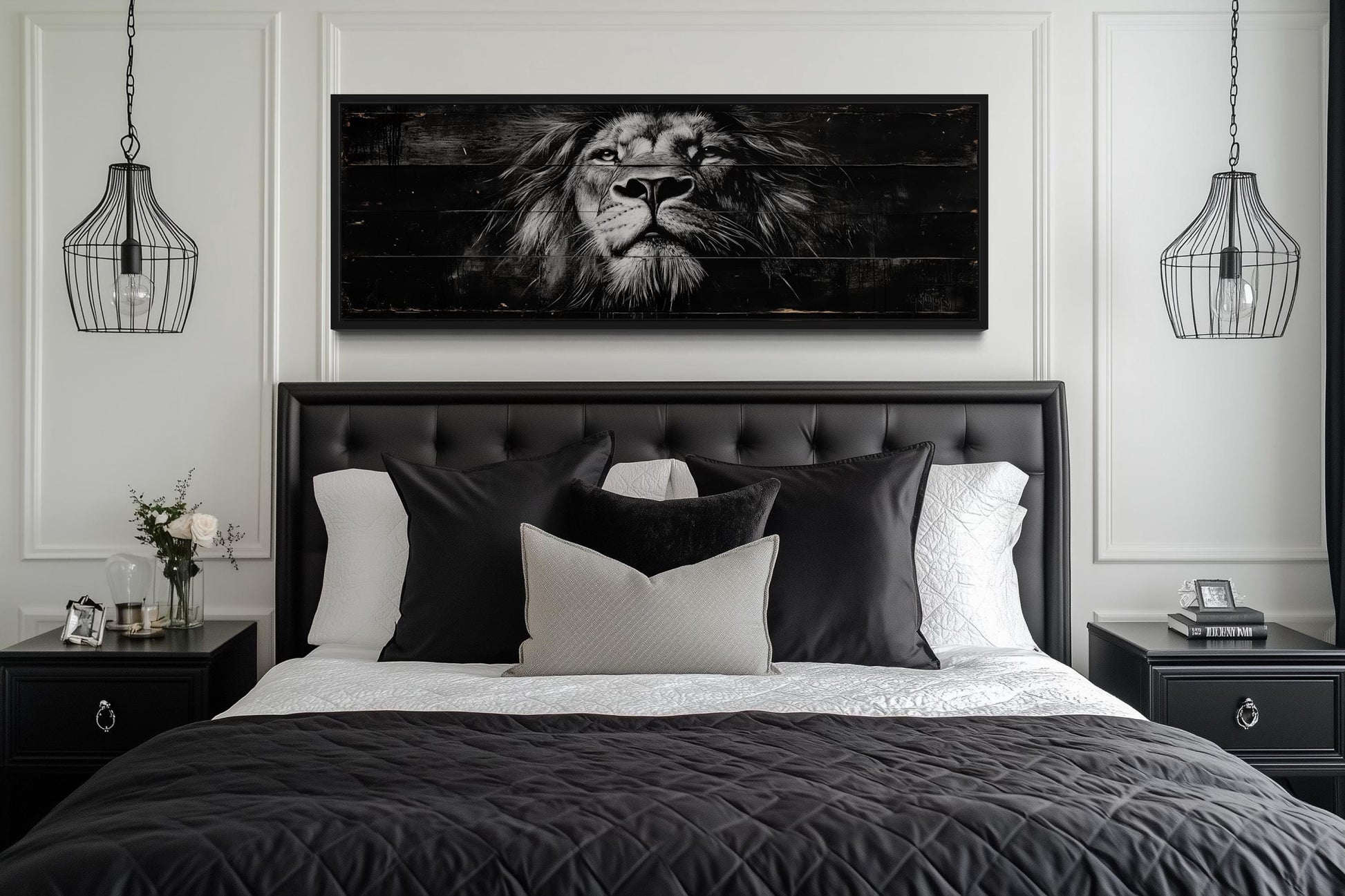 Black and White Lion Long Horizontal Canvas Wall Art For Men