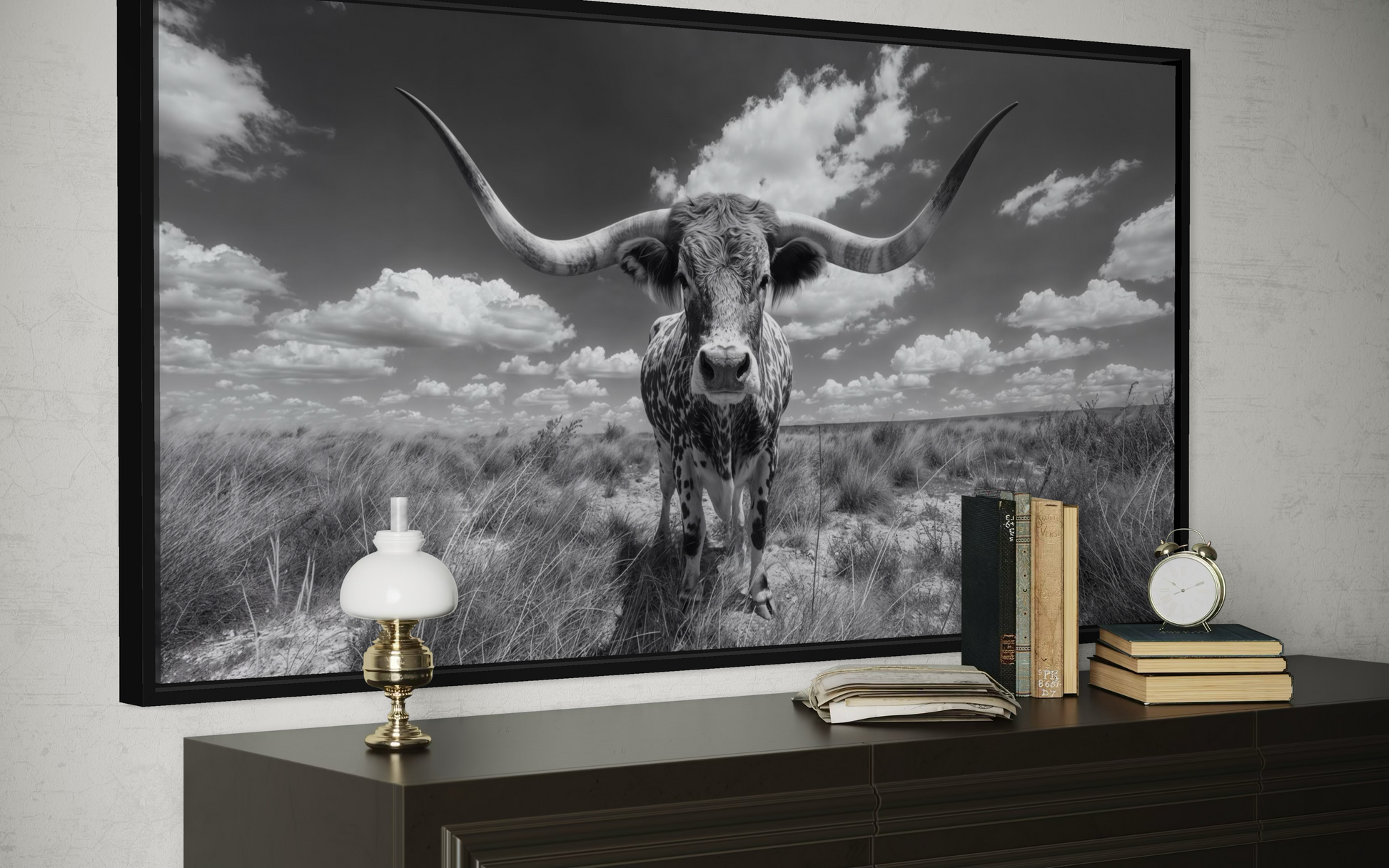 Black and White Longhorn Photography Style Framed Canvas Wall Art