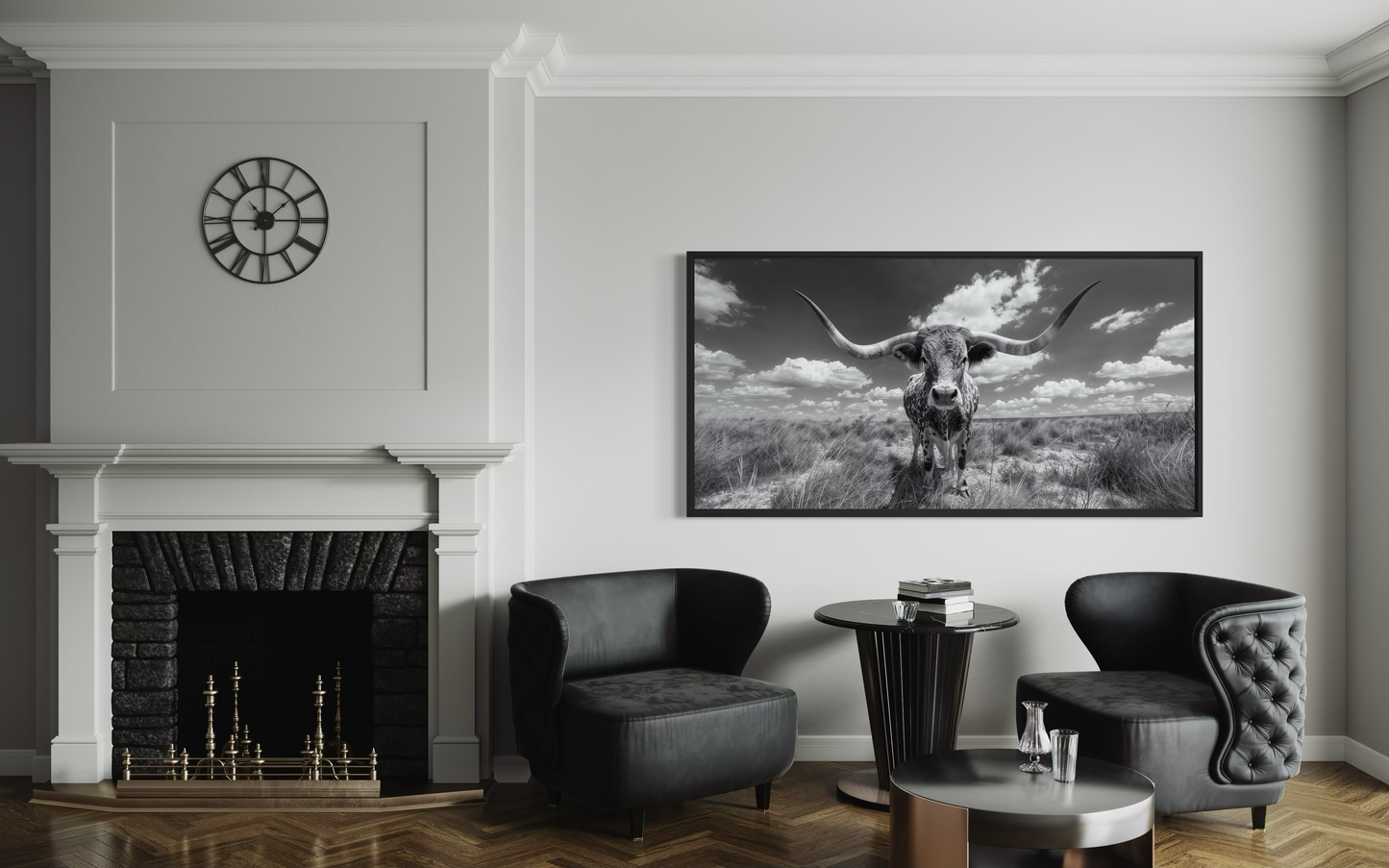 Black and White Longhorn Photography Style Framed Canvas Wall Art