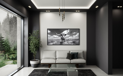 Black and White Longhorn Photography Style Framed Canvas Wall Art