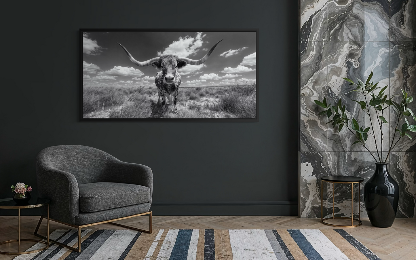 Black and White Longhorn Photography Style Framed Canvas Wall Art