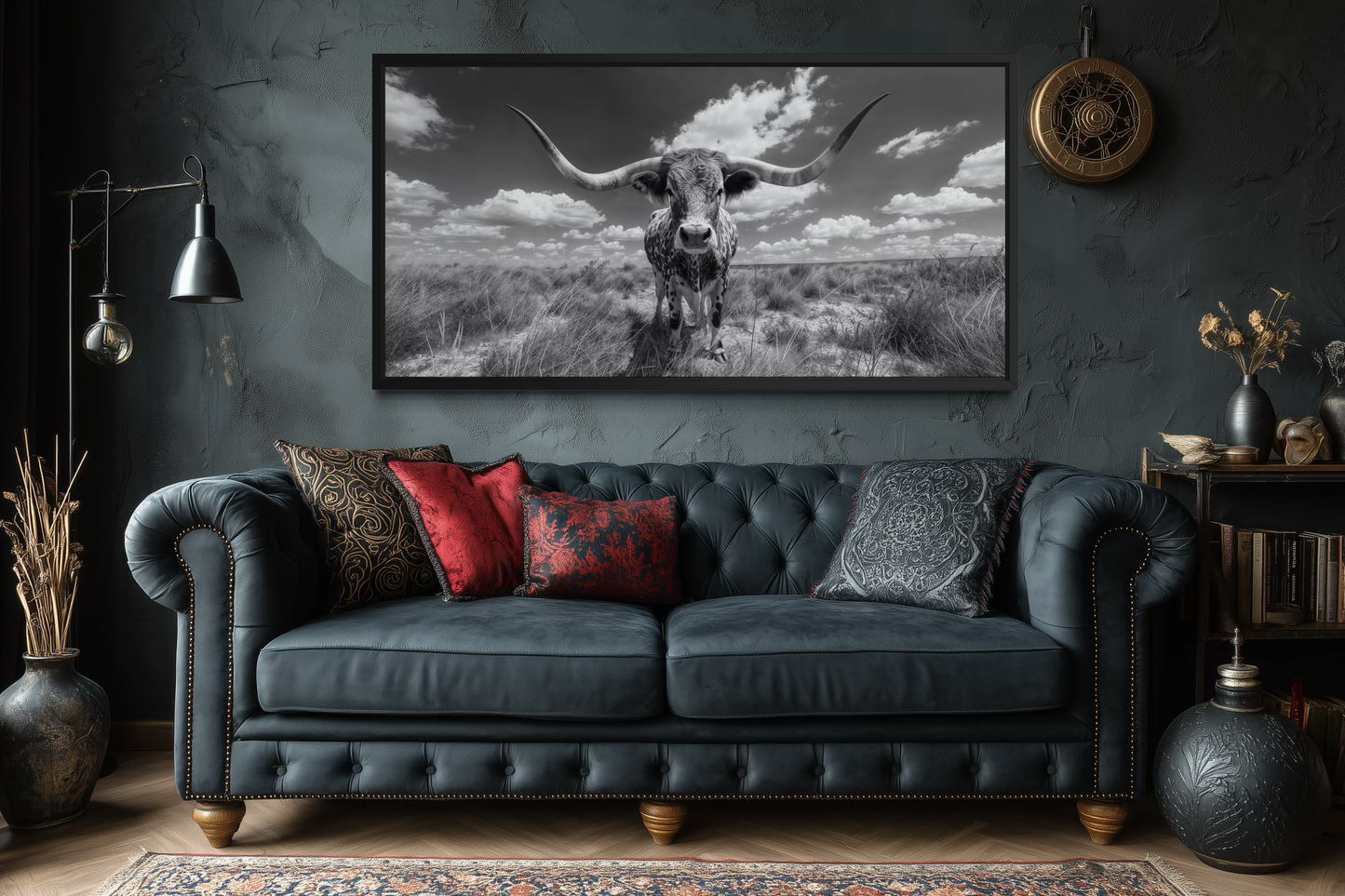 Black and White Longhorn Photography Style Framed Canvas Wall Art