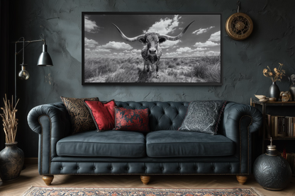 Black and White Longhorn Photography Style Framed Canvas Wall Art