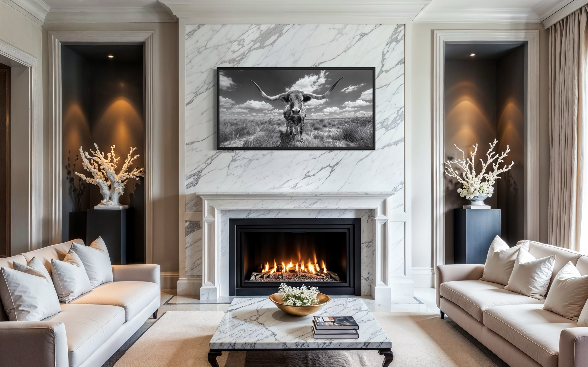 Black and White Longhorn Photography Style Framed Canvas Wall Art