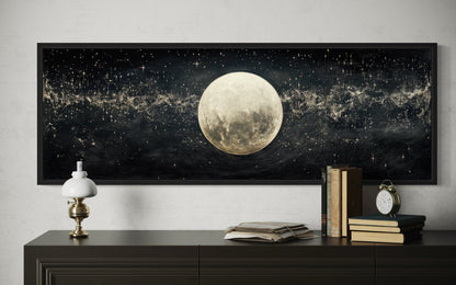 Black and White Moon In Starry Sky Horizontal Above Bed Wall Art