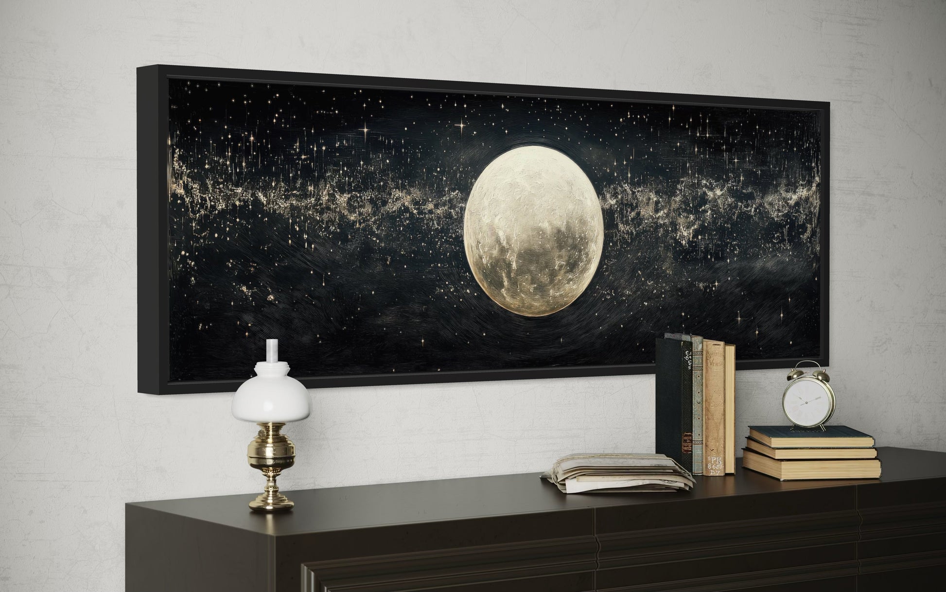 Black and White Moon In Starry Sky Horizontal Above Bed Wall Art