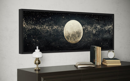 Black and White Moon In Starry Sky Horizontal Above Bed Wall Art