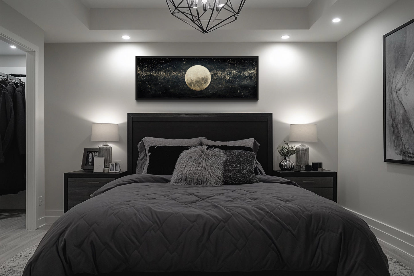 Black and White Moon In Starry Sky Horizontal Above Bed Wall Art