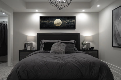 Black and White Moon In Starry Sky Horizontal Above Bed Wall Art