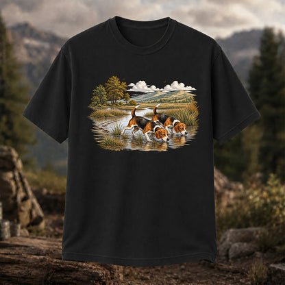 Beagles Tracking Through a Marsh T-Shirt, Vintage Hunting Dog Tee
