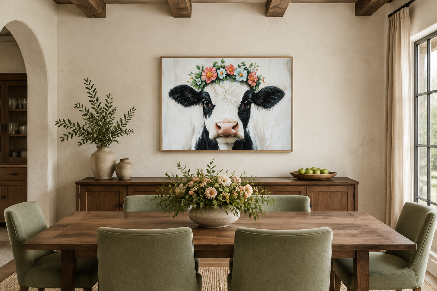 Cow With Floral Wreath Canvas Wall Art – Rustic Farmhouse Floral Decor